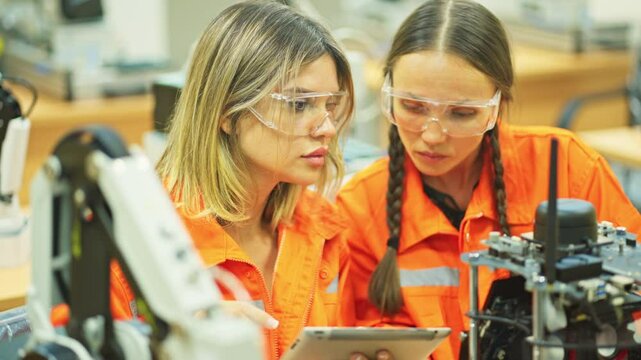 Side and close up view of two engineer or technician worker women discuss about small robotic machine on table to check and maintenance in workplace.