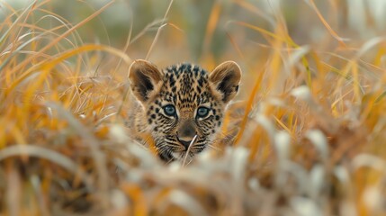 Portrait of a cute leopard cub peeking out of the grass. Wildlife concept