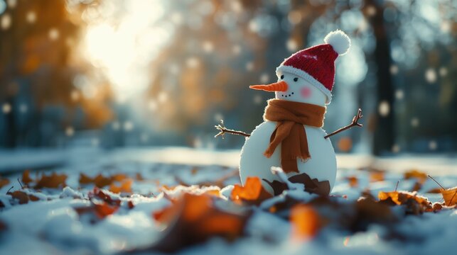 Cute happy little snowman wearing red hat and skarf on autumn leaves. Concept hello winter and first snow 