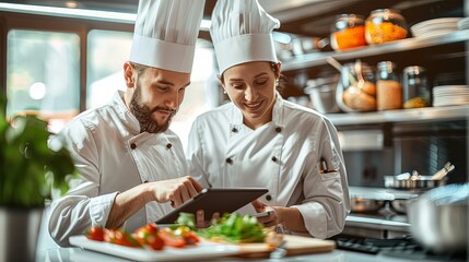 Two Chefs Consulting a Digital Recipe