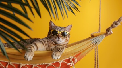 Funny cat in sunglasses resting on a hammock among palm leaves. The concept of relaxation and vacation