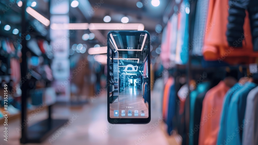 Wall mural ai commerce concept with a smartphone screen showing image recognition technology for online shoppin