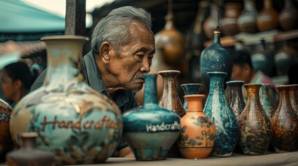 Elderly Man Admiring Hand-Painted Vases