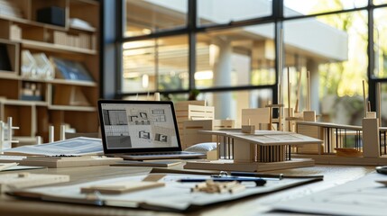 Architect's office desk with a digital tablet displaying construction designs, surrounded by architectural models and project sketches