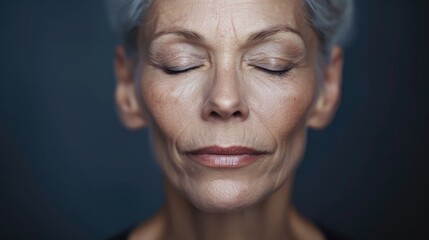 Beautiful portrait of a mid-50s aged woman with closed eyes, highlighting her smooth, youthful skin, ideal for advertising salon care and skin tightening treatments