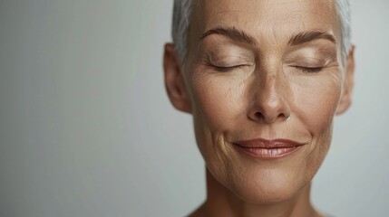 Fototapeta premium Beautiful portrait of a mid-50s aged woman with closed eyes, highlighting her smooth, youthful skin, ideal for advertising salon care and skin tightening treatments