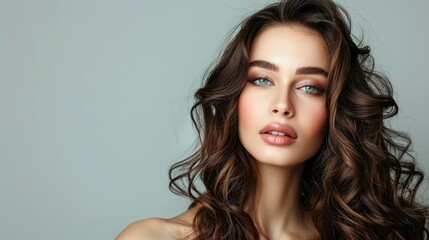 Naklejka premium Chic young woman with long, glossy dark curls and professionally done makeup, standing against a minimalist grey background
