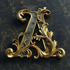 Golden, ornamental capital letter A on a black marble background