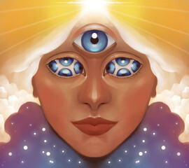 Mystical Woman with Multiple Eyes and Enlightenment