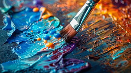 Fototapeta premium Paintbrush on Palette with Colorful Acrylic Paints