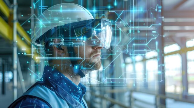 Engineer with augmented reality glasses inspecting a site, overlaid with digital blueprints and futuristic building visuals
