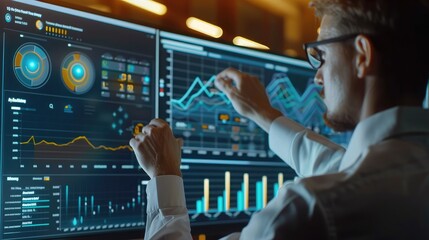 Financial expert interacting with a high-tech KPI dashboard, displaying various business analytics graphs and data visualizations