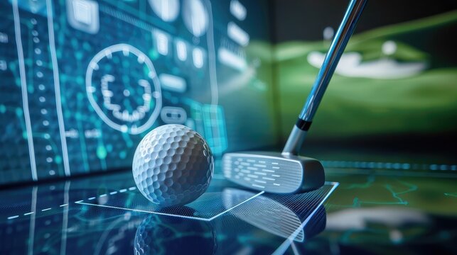 Golf ball and putter against a digital screen showing detailed golf course graphics, emphasizing the realism of screen golf technology - Powered by Adobe