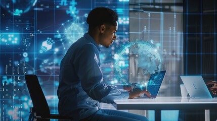 Man in a modern office using a laptop to explore AI technology, with a digital interface showing an artificial intelligence chatbot developed by Open AI