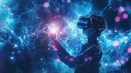 Floating AI data visualizations in a virtual reality environment with a digital human avatar. AI insights