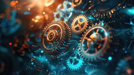 AI-driven data analytics depicted through a complex clockwork mechanism of gears and cogs. AI insights