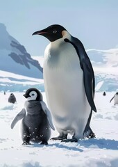 Fototapeta premium In the vast frozen landscape of Antarctica, where the relentless cold appears endless, penguins joyfully dance and flourish