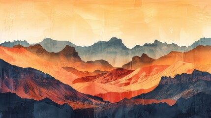 Naklejka premium Aquatint Desert Dawn: A Panoramic Landscape of Warm Hues and Layered Mountains