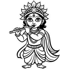 Create simple coloring pages for kids, Indian lord Krishna with flute and white bold line art