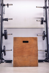plyometric jump box with various weights in crossfit gym