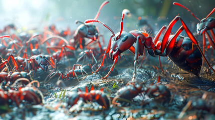 Swarm of Powerful Red Ants Marching in Unity on Forest Ground Showcasing the Strength and of an Ant Colony in Their Natural Habitat