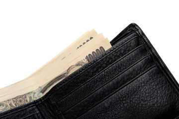 Black Wallet with Ten Thousand Yen Bills, Japanese Yen Notes