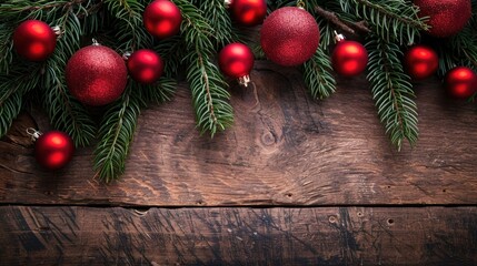 Holiday Decoration with Fir Branch and Red Ornaments