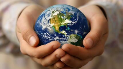Two clasped hands holding a globe representing worldwide cooperation and unity towards sustainability..