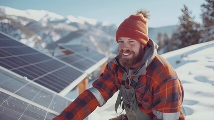 Obraz premium A handyman installing solar panels on the rooftop.