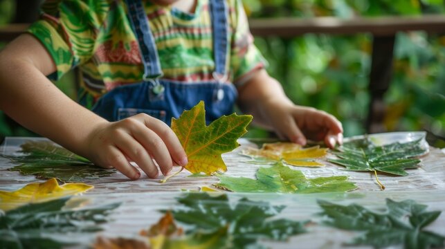 A child carefully placing a leaf onto a piece of fabric ready to use as a stencil for leaf imprint tshirts..
