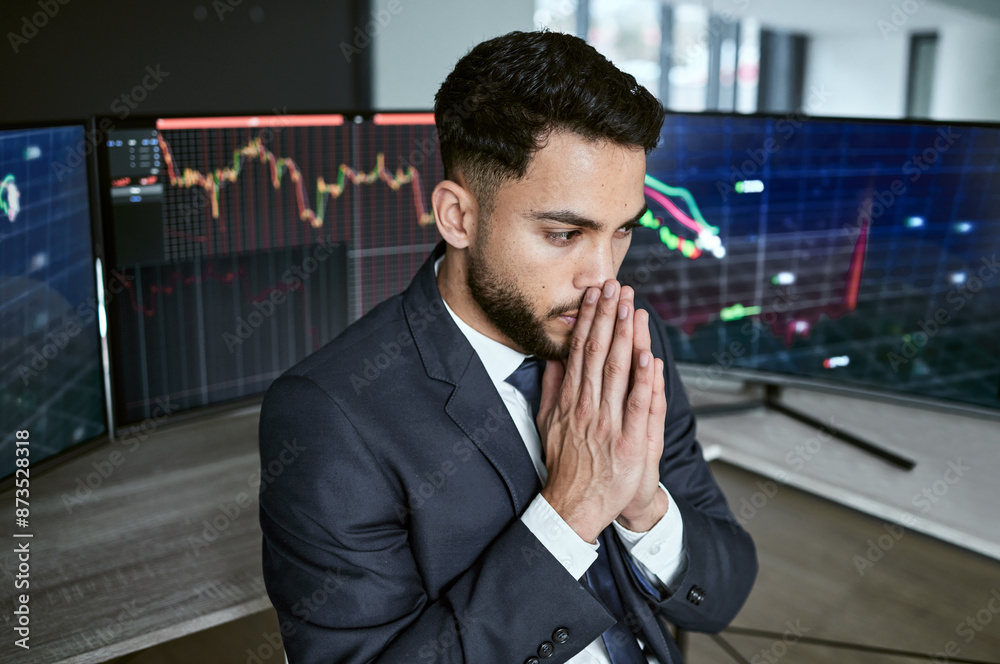 Poster hope, computer and business man at desk for investment success, solution or stock market growth in o