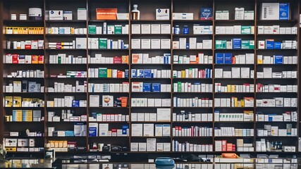well organized pharmacy counter, rows of neatly arranged medications and over the counter drugs, ready to serve customers needs.