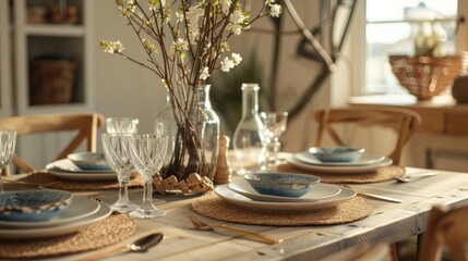 A dining room with a centerpiece made from foraged branches complemented by cork placemats and recycled glass stemware..