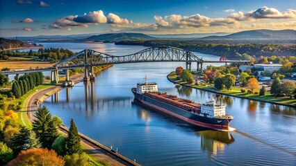 Columbia River at Longview, Washington. Large ship anchored in the Columbia River on a highly industrialized section near the Lewis and Clark Bridge. 