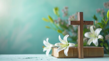 Wooden cross, Bible and beautiful lily flowers on white table against light blue background. Religion of Christianity