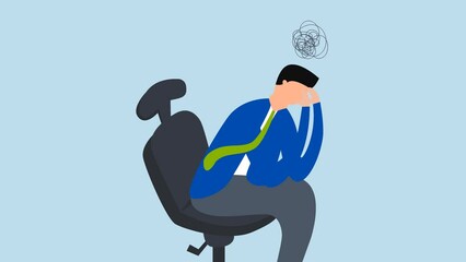 Regret on business mistake, 4k animation of frustrated businessman holding his head sitting alone on a chair.