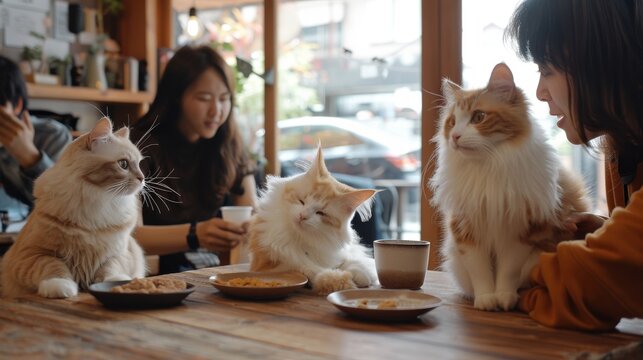 Welcoming Cat Cafe: Furry Felines Engaging with Patrons in a Cozy Environment
