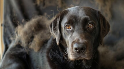 Labrador and Bunch of dog hair after grooming. Spring molt
