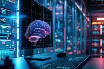 3d brain model glows on a screen amidst a high-tech data center