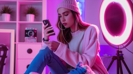Fashion blogger reviewing sneakers and recording video with smartphone and ring lamp on purple background