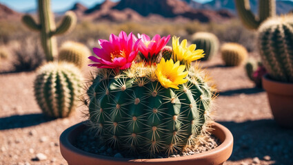 Colorful Cactus Flowers in Desert Landscape