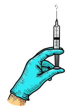 recommend clip art: Syringe with vaccination medicine in the hand of medical professional sketch engraving PNG illustration. T-shirt apparel print design. Scratch board imitation. Black and white hand drawn image.