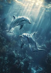 Naklejka premium Below the ocean's surface exists a realm of awe and intrigue, where a diverse array of creatures, ranging from stunning to powerful, navigate the profound depths.