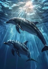 Fototapeta premium Below the ocean's surface exists a realm of awe and intrigue, where a diverse array of creatures, ranging from stunning to powerful, navigate the profound depths.