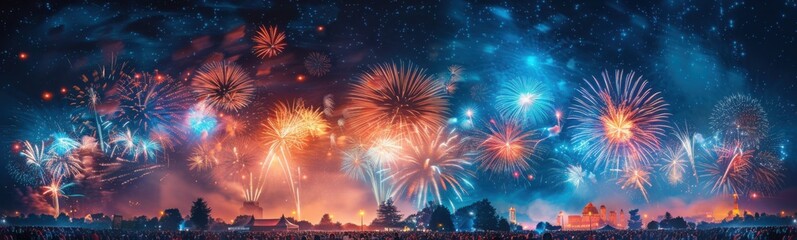 Fireworks are lit up in the sky above a crowd