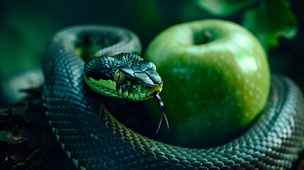 The original sin, the forbidden fruit. Close up of snake with green apple on dark background