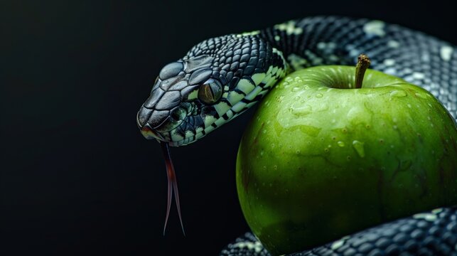 The original sin, the forbidden fruit. Close up of snake with green apple on dark background