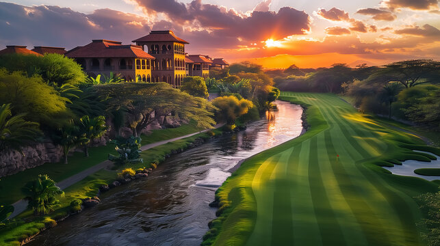 fantasy golf course under sunset or sunrise, aerial view with beautiful landscape, vacation and holiday resorts at dawn or dusk