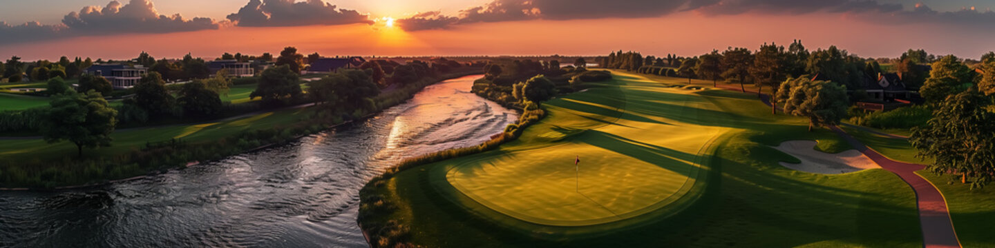fantasy golf course under sunset or sunrise, panorama view with beautiful landscape, vacation and holiday resorts at dawn or dusk