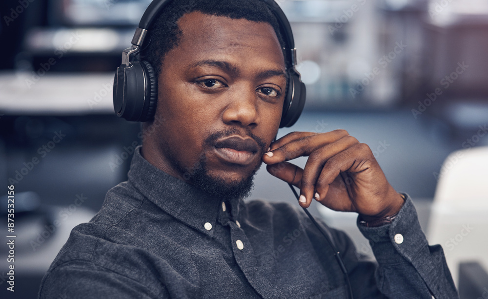 Poster headphones, serious and portrait of black man in office listening to online podcast for self develop